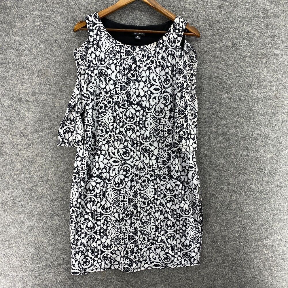 Claudia Ev Dress Women L Large White Geometric Shift Midi Cold Shoulder Lined